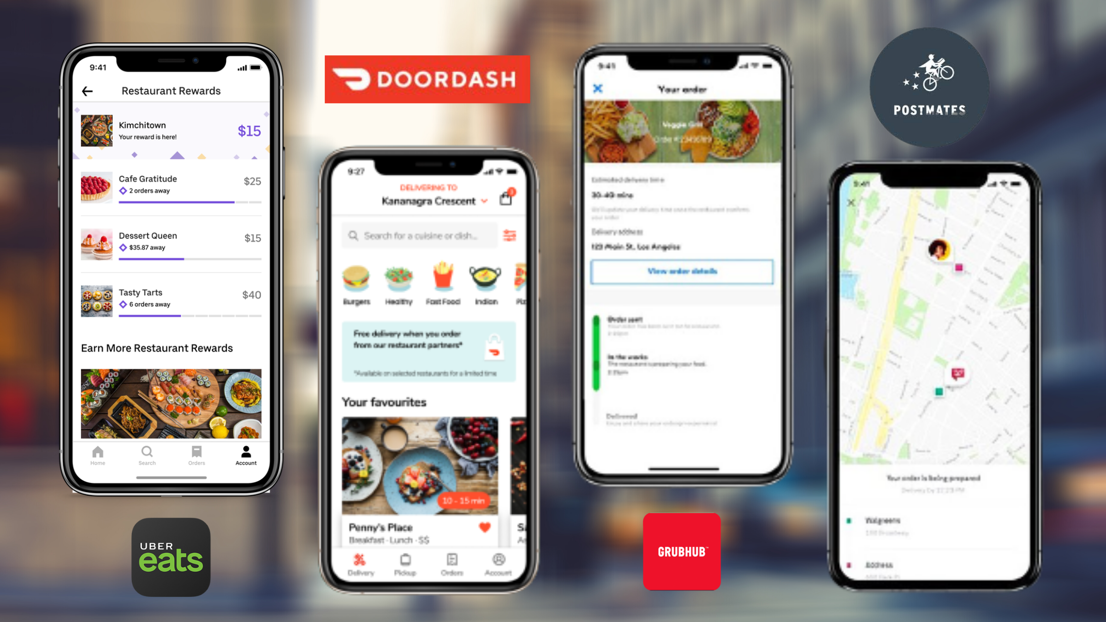 Four competitor user interfaces from UberEats, DoorDash, Grubhub, and Postmates.