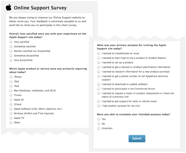 A screenshot of an Apple online support survey