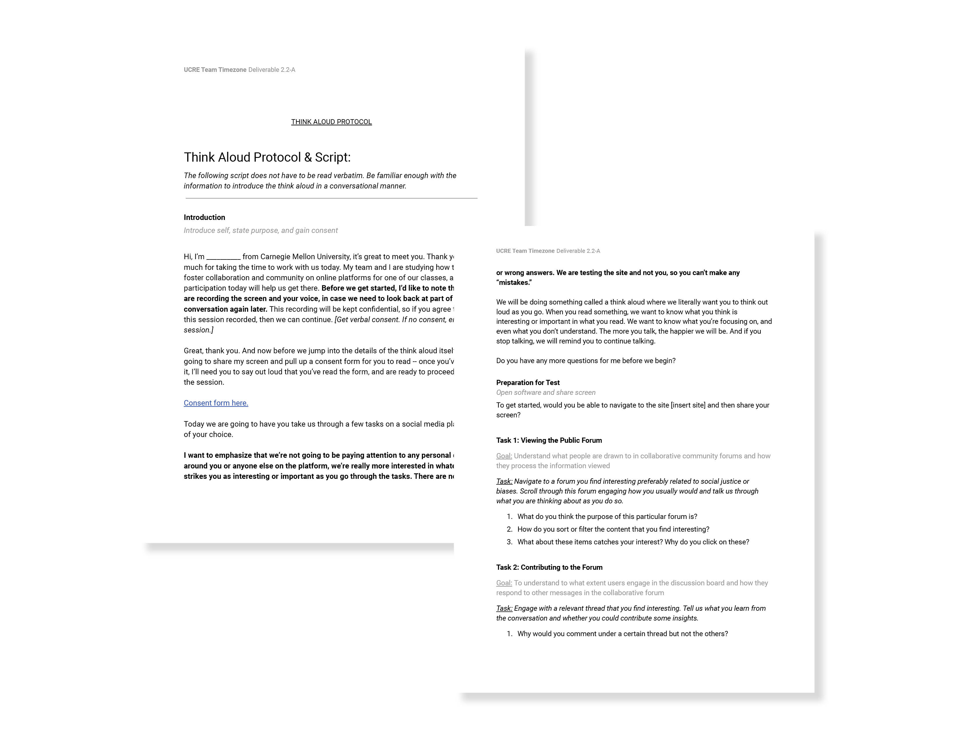 Two pages from an example of a think aloud protocol outlining tasks